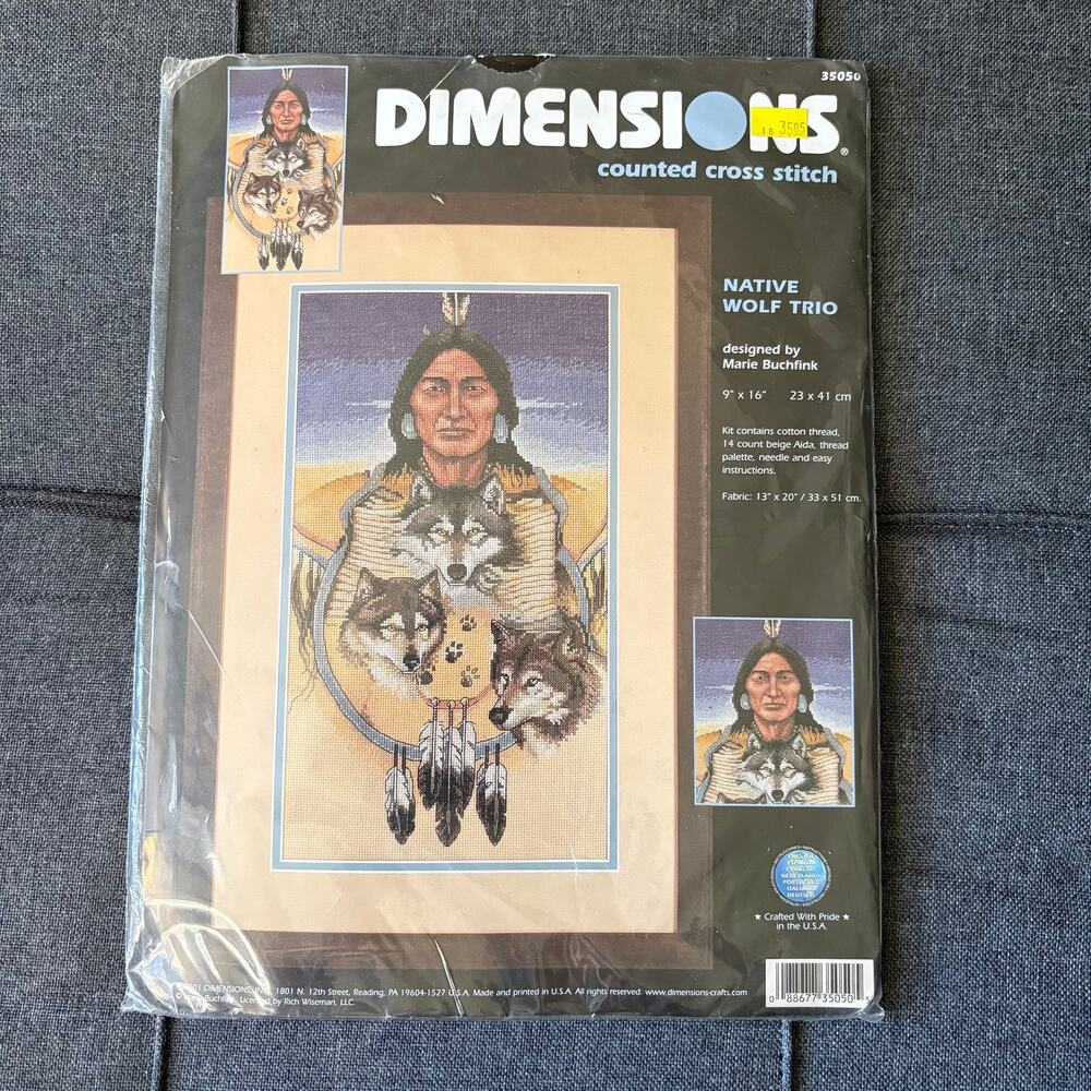 Native Wolf Trio Vintage Counted Cross Stitch Kit Dimensions - 2001 Indigenous